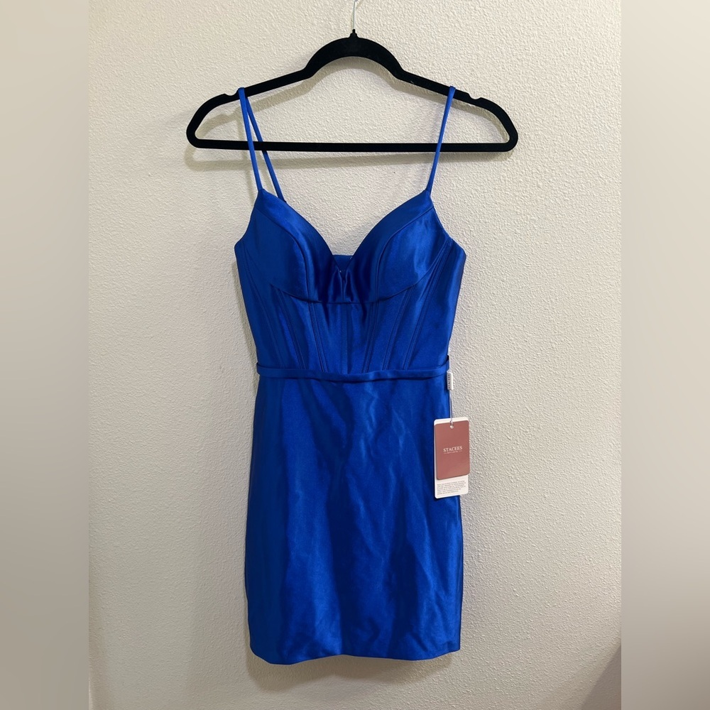 NWT Stacees blue satin corset homecoming dress